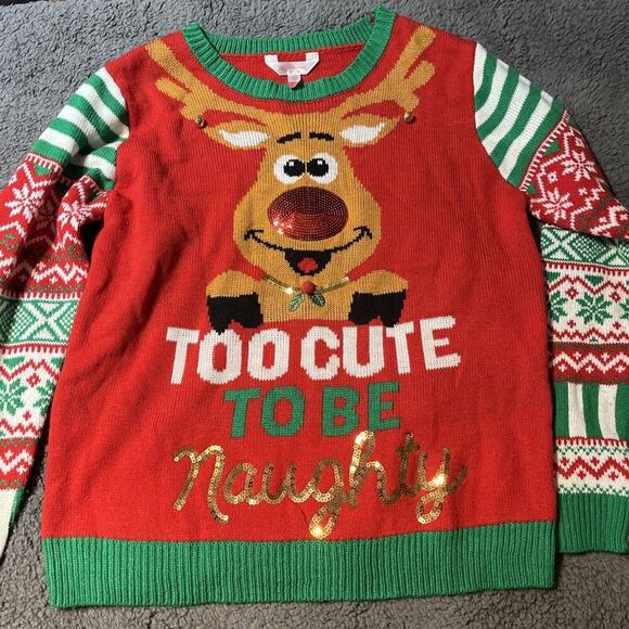 NoBo Christmas Ugly Sweater Juniors Large Sequins Too Cute To Be Naughty Tacky‎ - Picture 1 of 6